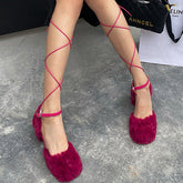 Square Toe Fuzzy Chunky Heeled Lace-Up Pumps Oshnow